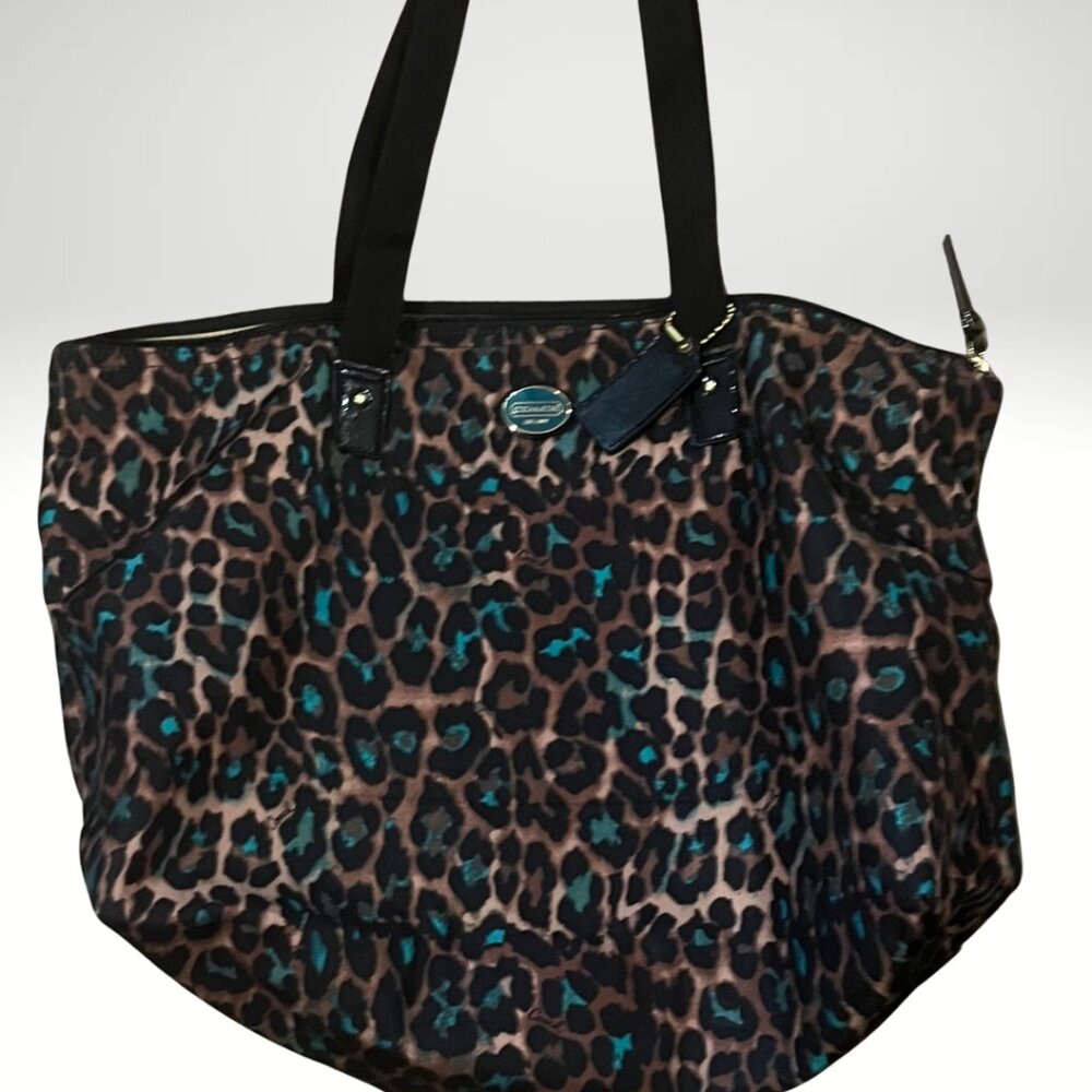 Coach Ocelot Jade Black Animal Print Travel Nylon Packable Weekender w/Pouch